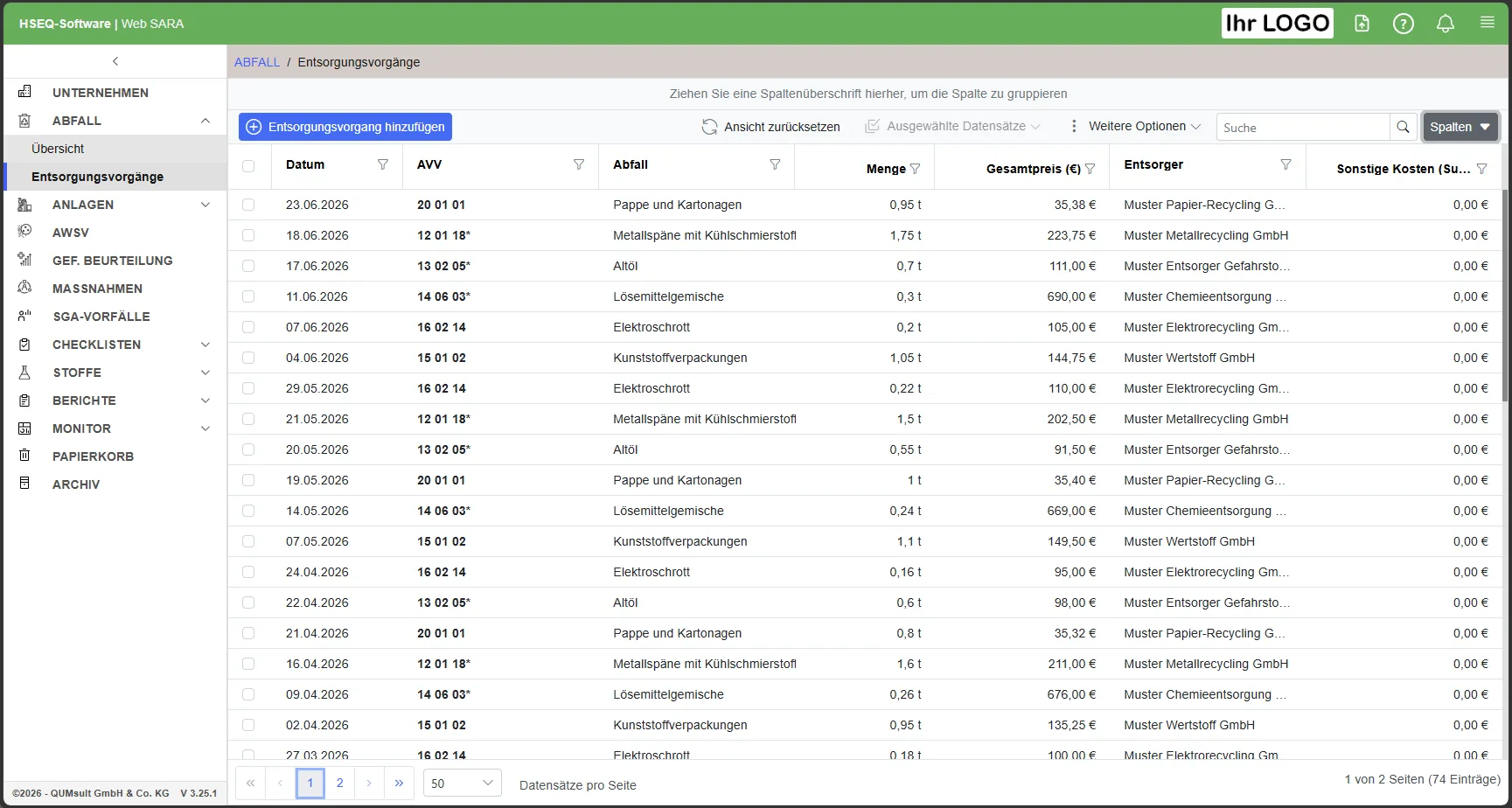 Liste aller Entsorgungsvorgänge mit Datum, Abfall, Menge, Gesamtpreis und Entsorger