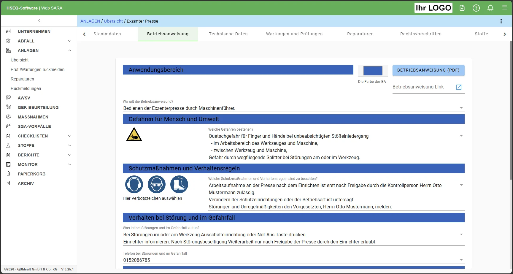 Betriebsanweisung einer Anlage mit Anwendungsbereich, Gefahren, Schutzmaßnahmen samt Gebots- und Verbotszeichen und PDF-Export
