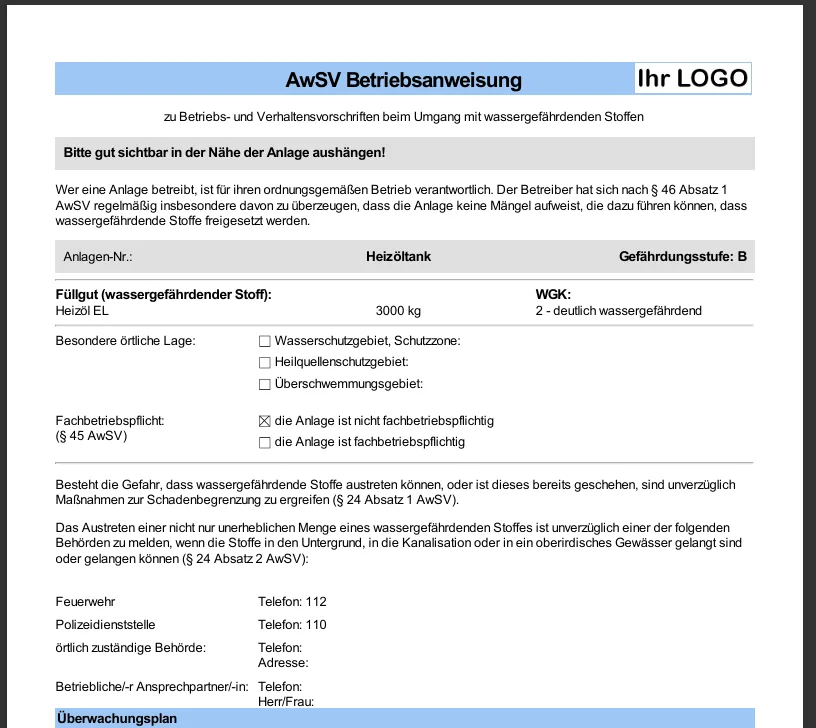 AwSV-Betriebsanweisung mit Angaben zu Füllgut, Gefährdungsstufe, besonderer örtlicher Lage und Notfallkontakten