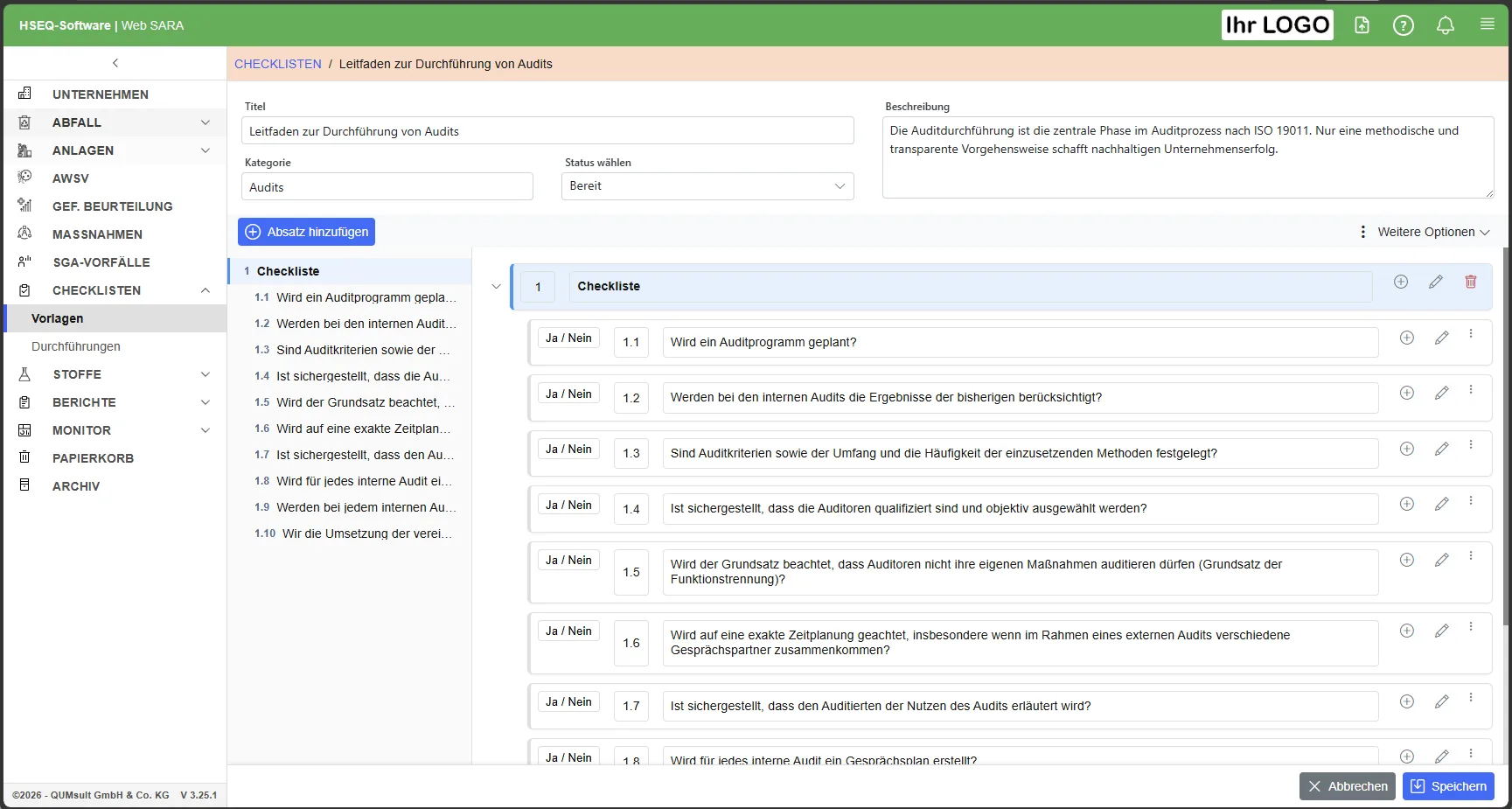 Checklisten-Vorlage Leitfaden zur Durchführung von Audits mit Ja/Nein-Prüfpunkten in Web SARA