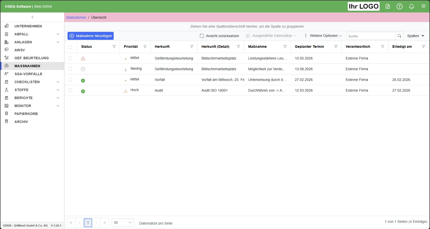 Übersicht der Maßnahmen in Web SARA mit Status, Priorität, Herkunft, Herkunft-Detail, geplantem Termin, Verantwortlichkeit und Erledigt-Datum