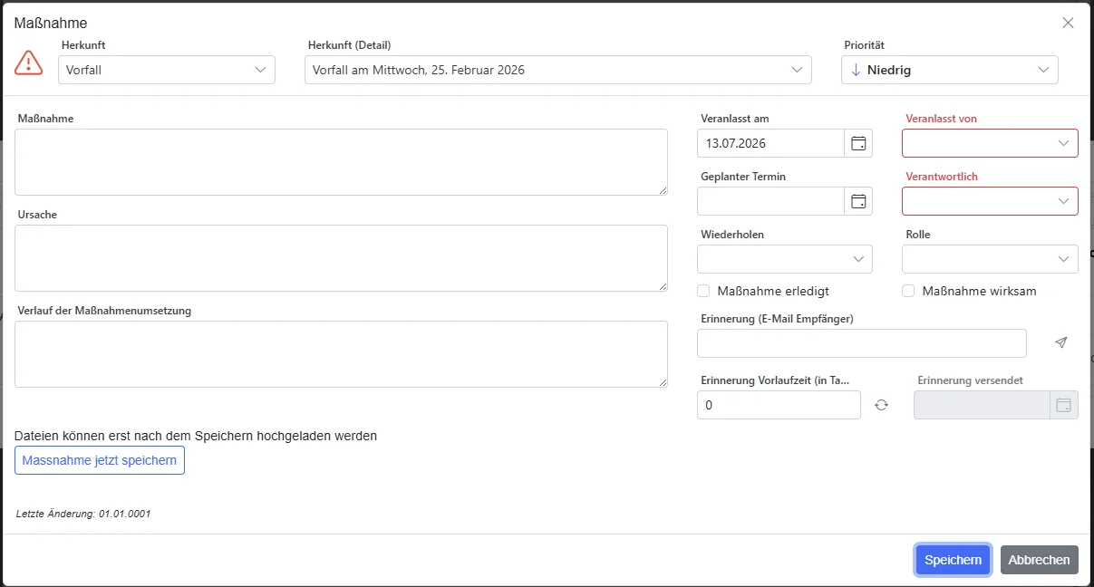 Maßnahme aus einem Vorfall in Web SARA mit Priorität, Termin, Verantwortlichkeit und E-Mail-Erinnerung
